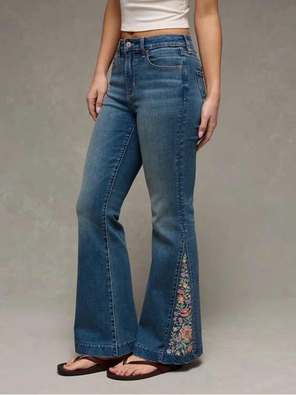 American Eagle Embroidered Flare Boho Jeans Festival Western High Rise Stretch - Picture 2 of 9
